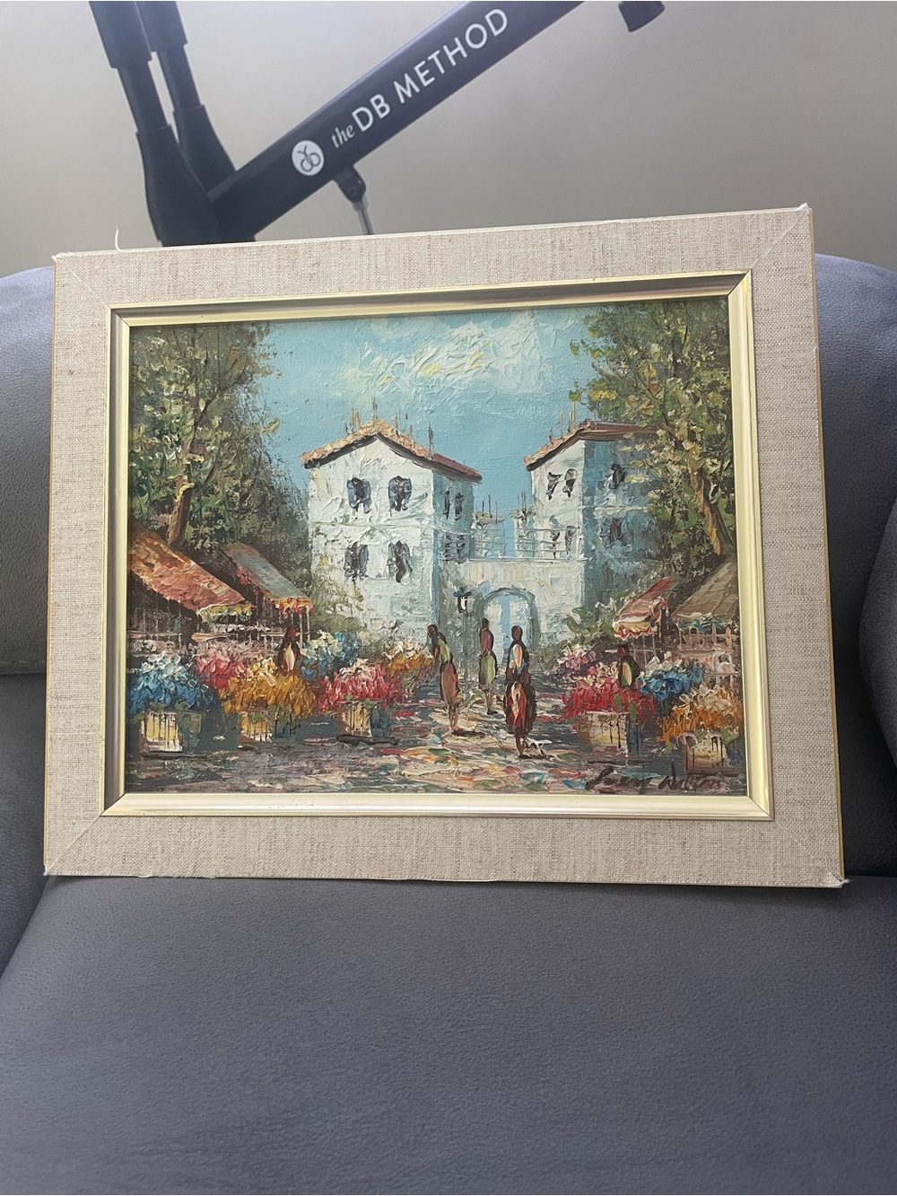 Framed Impressionist Village Market Oil Painting in Sky Blue and Earth Tones